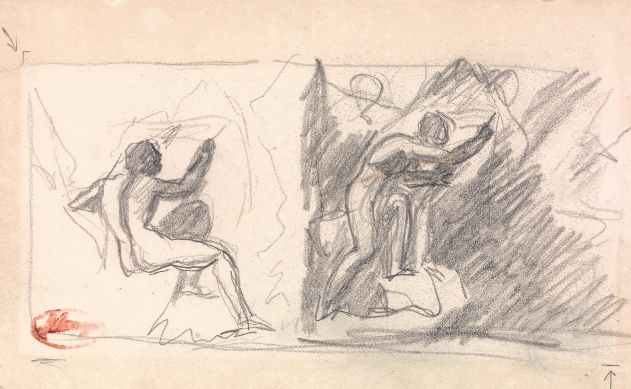 Due schizzi: nudo maschile seduto, vista posteriore; figura in piedi, gesticolante da George Romney