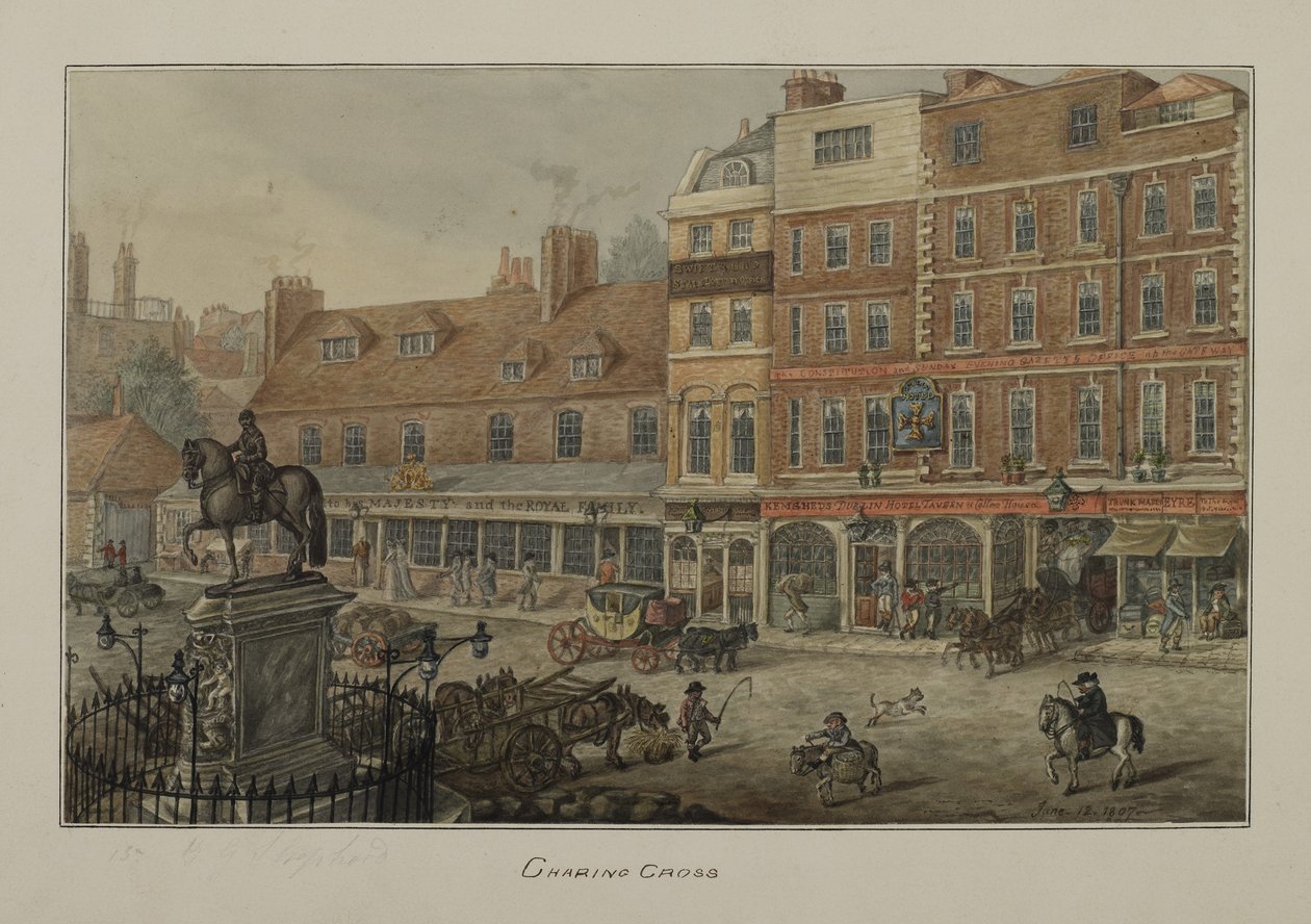Veduta di Charing Cross con veicoli trainati da cavalli, figure e la taverna e caffetteria Dublin Hotel, 1807 da George Shepherd