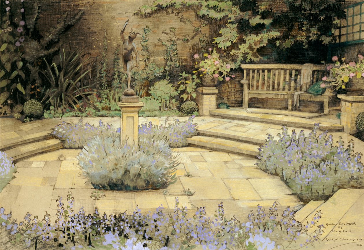 Vista di un giardino pavimentato con aiuole di lavanda progettato da Percy Can da George Sheringham