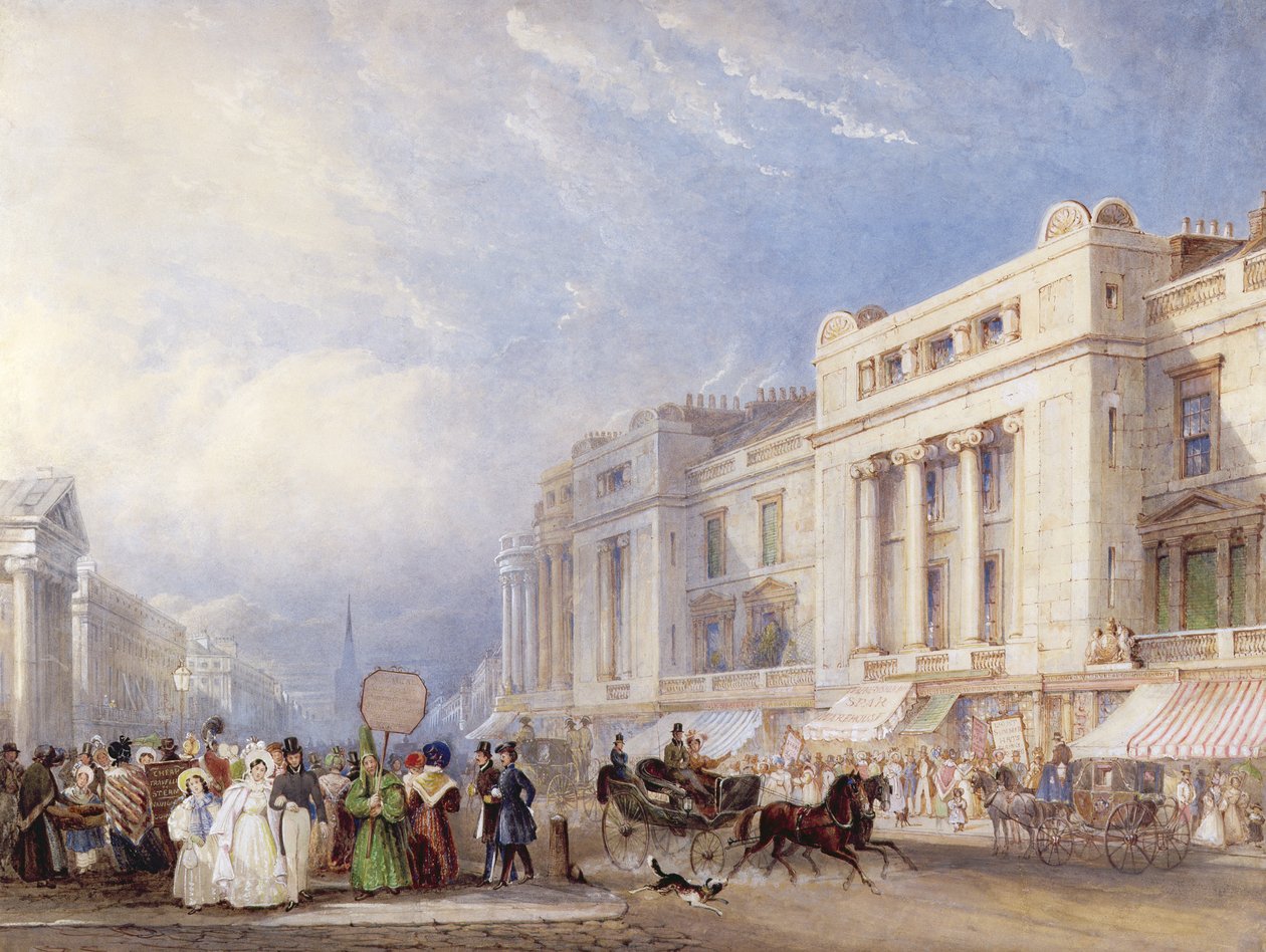 Regent Street, Londra, guardando a nord, con Dickins e Jones a destra, e la Hanover Chapel a sinistra, 1835 da George Shepherd