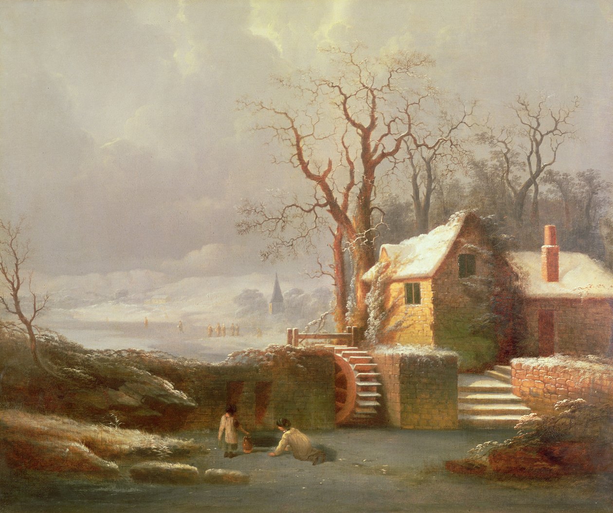 Scena invernale con mulino e cottage da George Smith