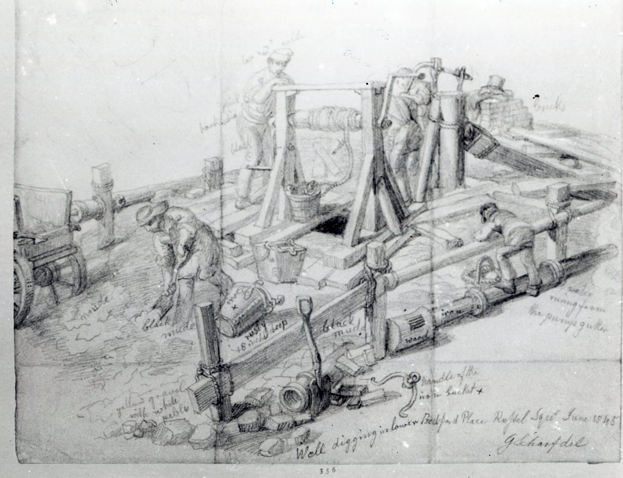 Scavando un pozzo in Lower Bedford Place, Londra, 1845 da George Snr Scharf
