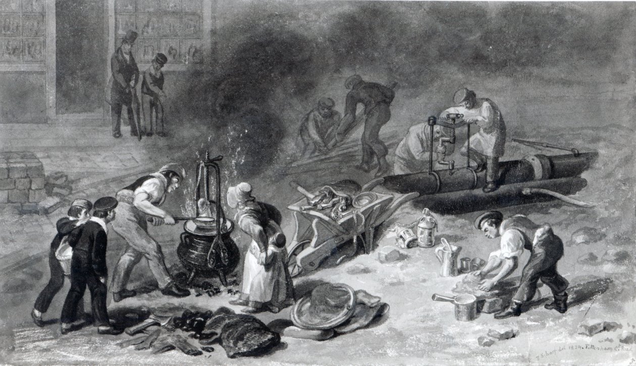 La posa della condotta idrica in Tottenham Court Road, 1834 da George Snr Scharf