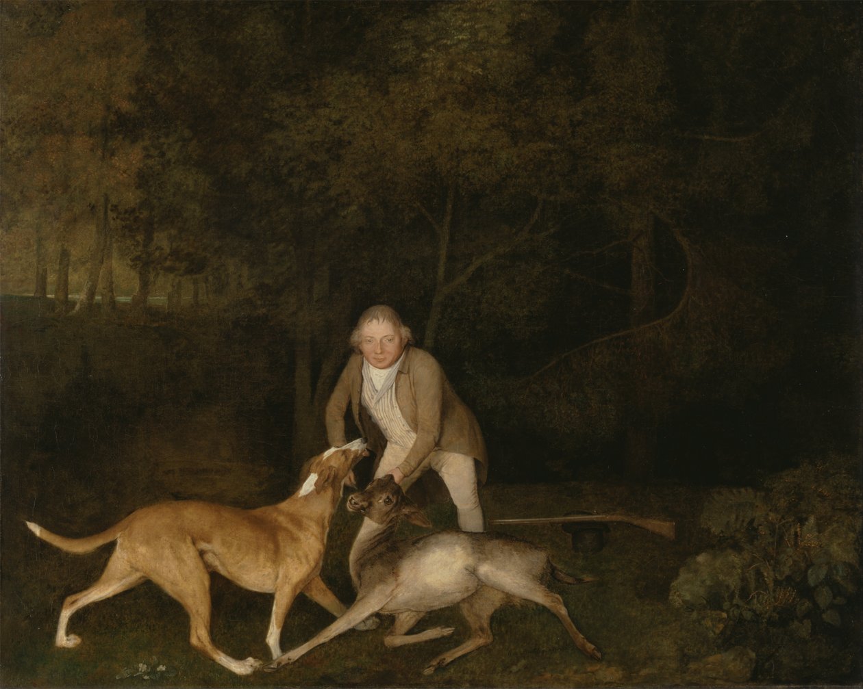 Freeman, il guardiacaccia del conte di Clarendon, con una cerva morente e un cane da George Stubbs