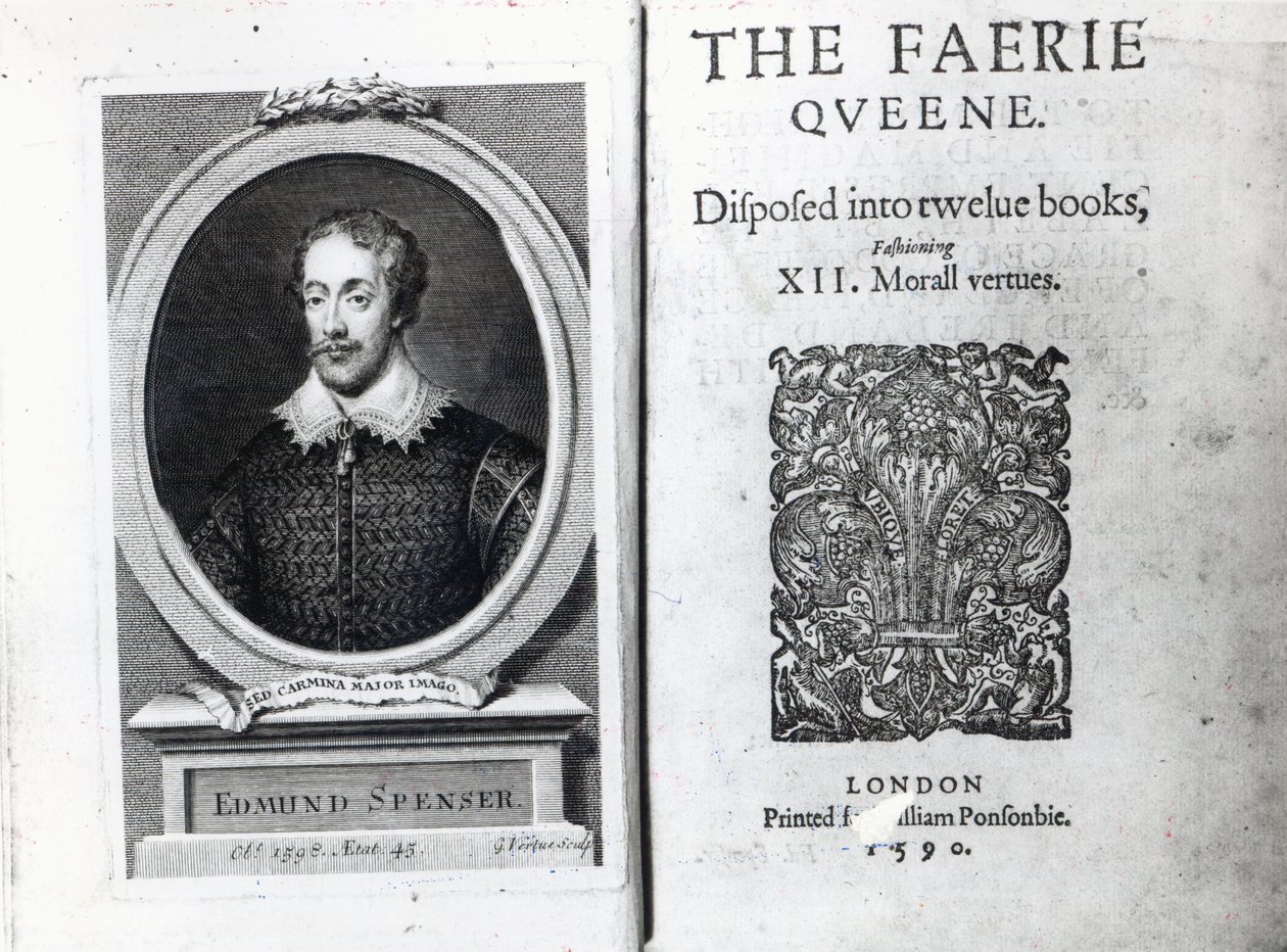 Ritratto di Edmund Spenser e il frontespizio del suo poema 