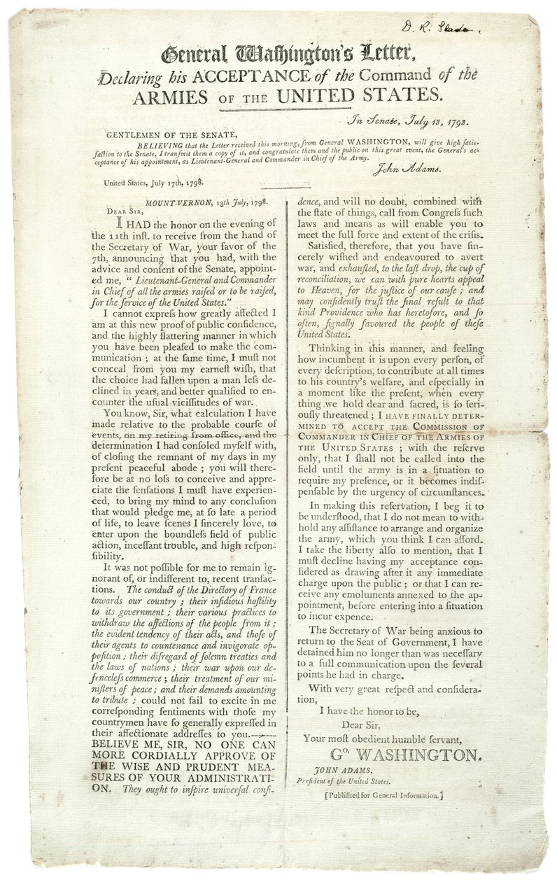 Lettera del Generale Washington che dichiara la sua accettazione del comando, 18 luglio 1798 da George Washington