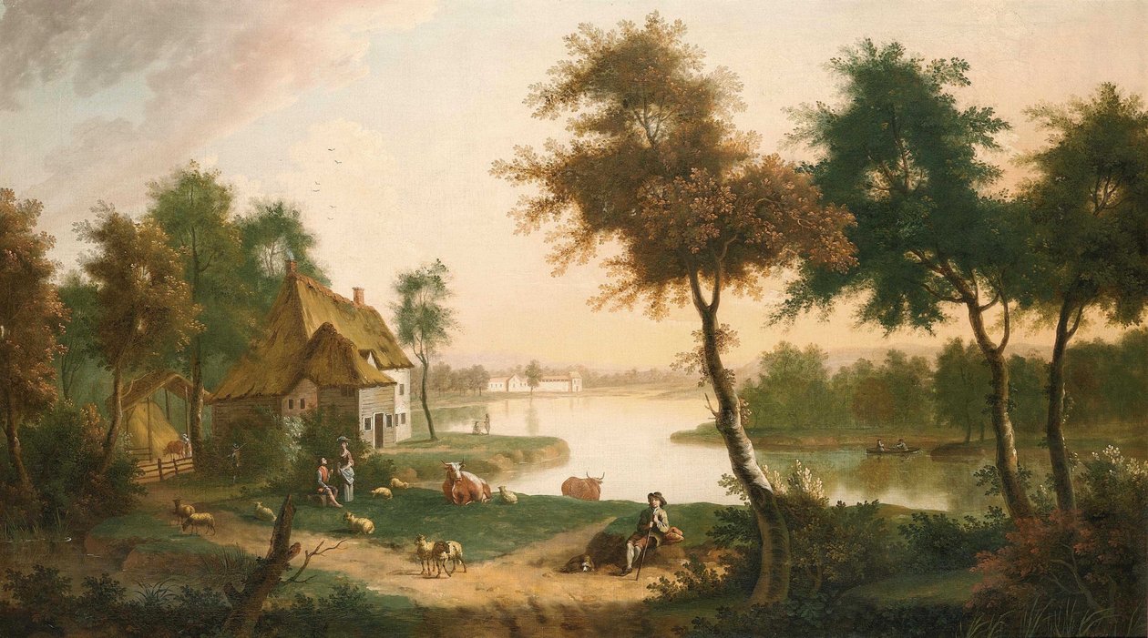 Ampio paesaggio fluviale con un mandriano da George Smith