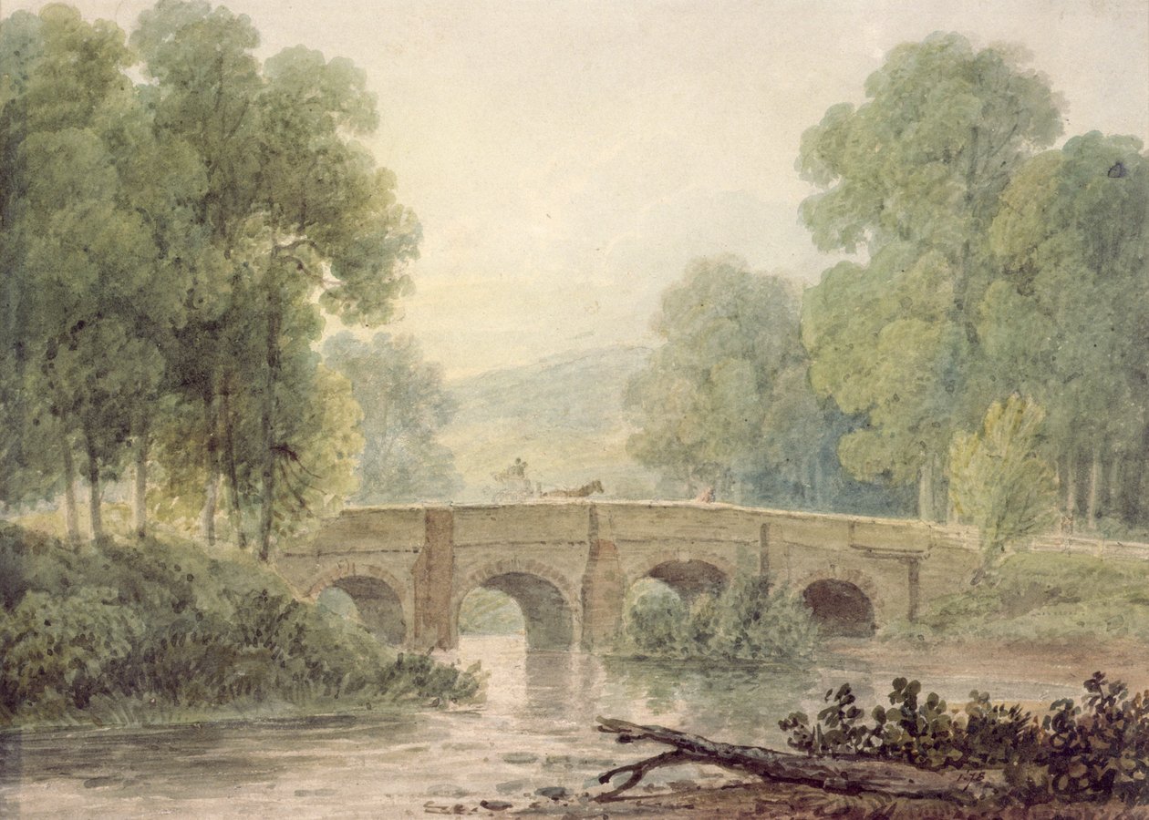 Paesaggio boscoso con ponte di pietra su un fiume da George the Younger Barret