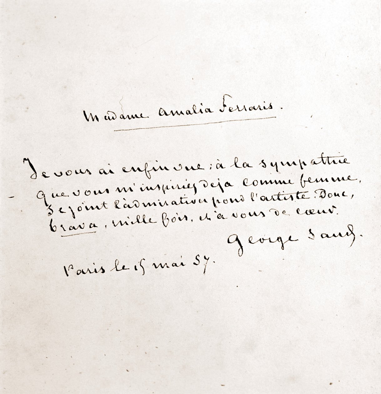 Lettera di George Sand (Aurore Dupin, Baronne Dudevant) a Madame Amalia Ferraris, Parigi 19 marzo da George Sand