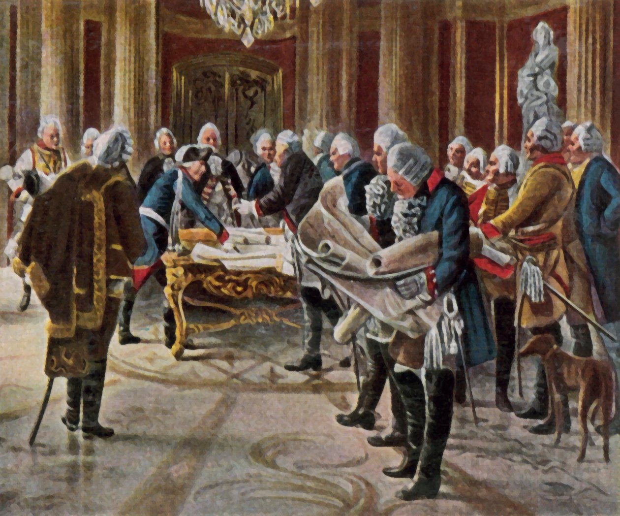 Federico il Grande tiene un consiglio di guerra con i suoi generali, agosto 1756 (litografia a colori ingrandita) da George (after) Schobel