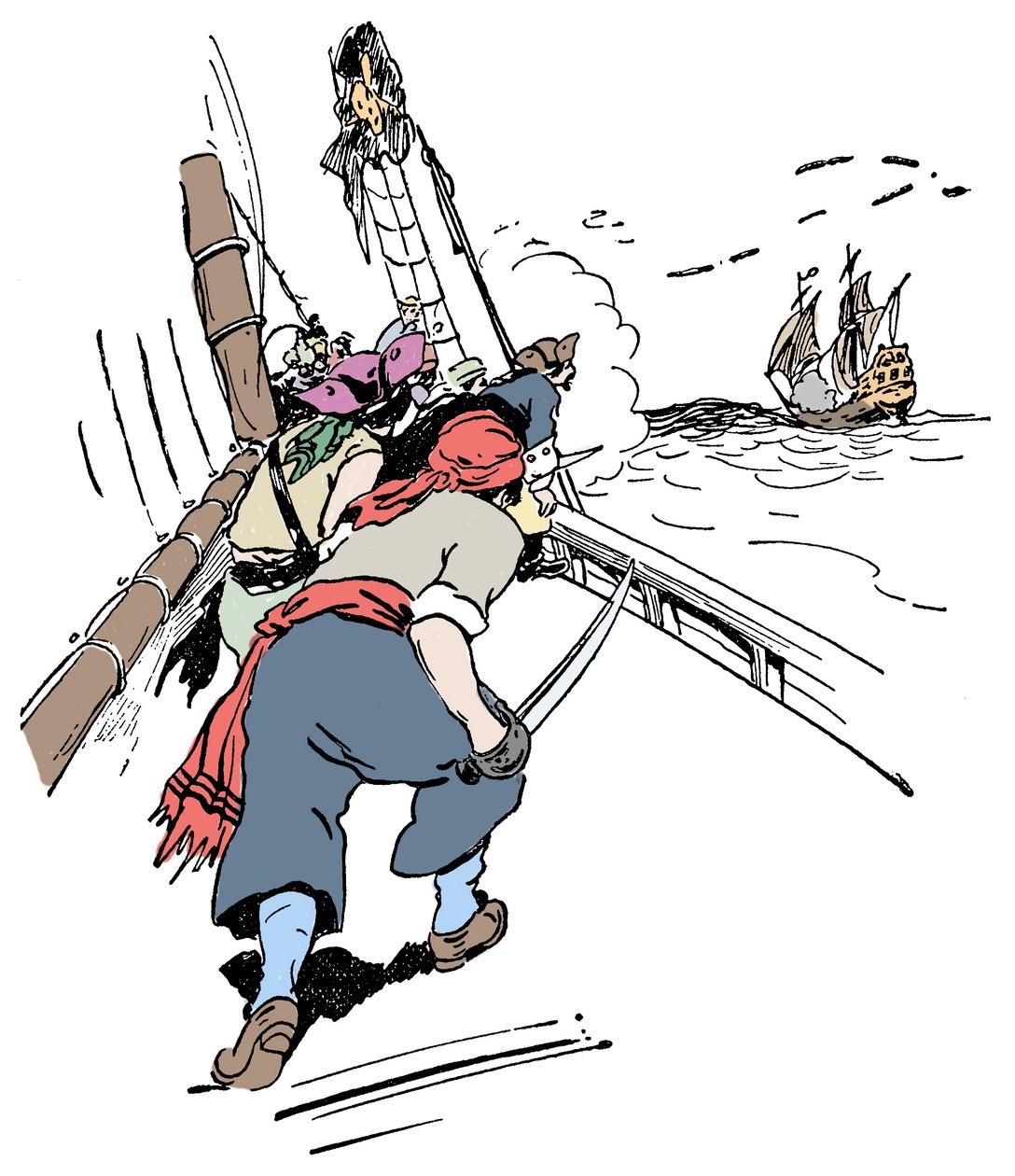Una nave pirata insegue una nave. Illustrazione da 