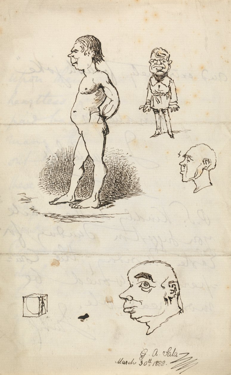 Schizzi: Uomo nudo, uomo in piedi, due profili e scatola da George Augustus Sala