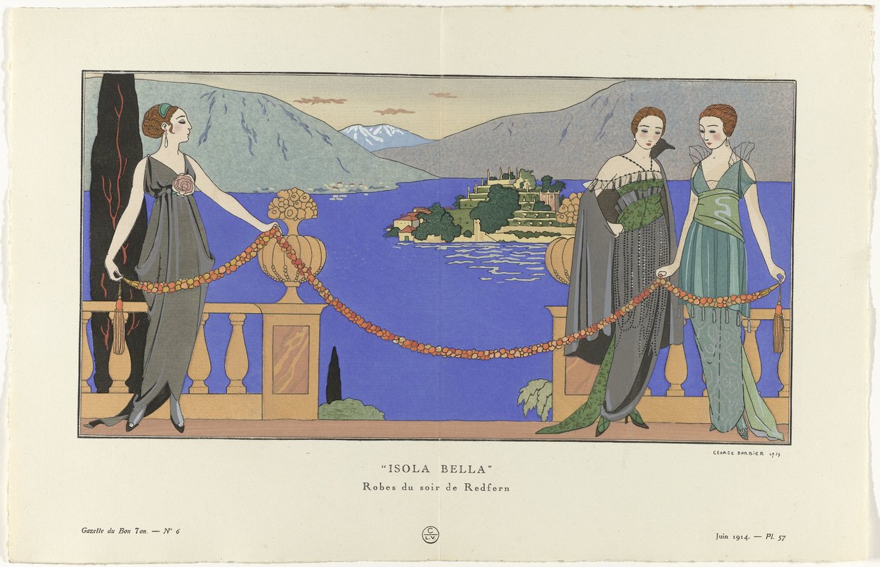 Gazette du Bon Ton, 1914 - No. 6, Pl. 57: Isola Bella / Abiti da sera di Redfern da George Barbier