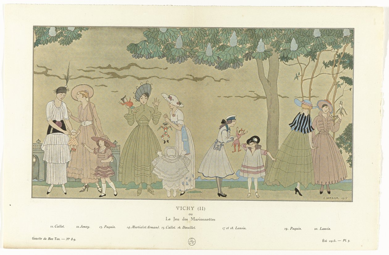 Gazette du Bon Ton, Estate 1915 - No. 8-9, Pl. 3: Vichy (II) / ou / Le Jeu des Marionnettes da George Barbier
