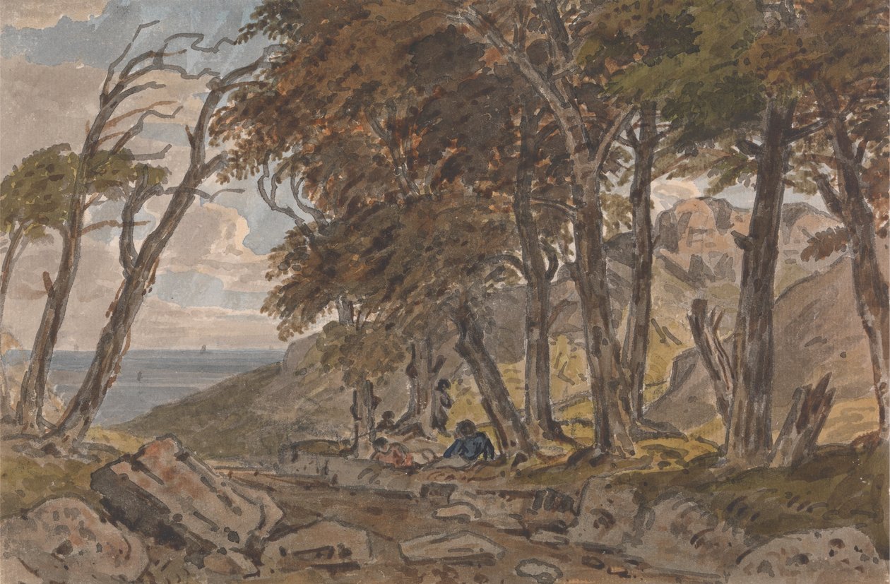 Figure sulla riva di un sentiero boscoso, con il mare in lontananza a sinistra da George Barret Jr.