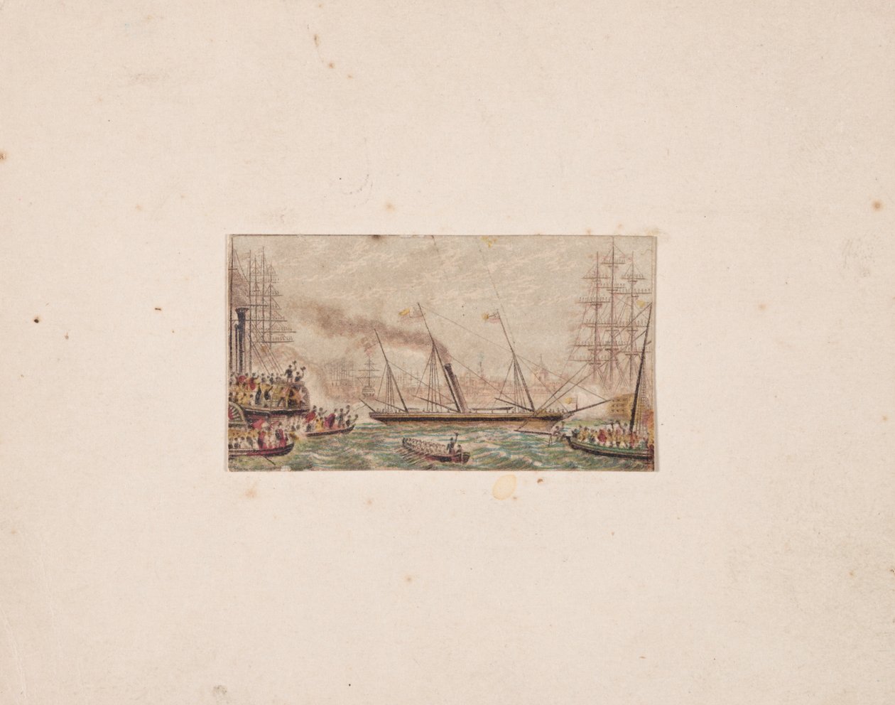Stampa della scatola degli aghi: La flotta reale nella baia di Kilkenny (?) da George Baxter