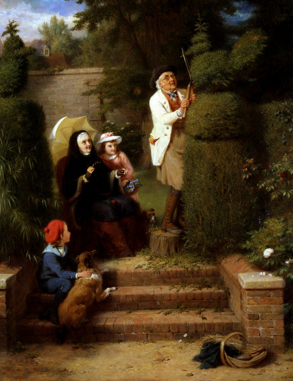 In giardino. In giardino: una nonna e i suoi due figli piccoli osservano il nonno che pota un cespuglio di animali in giardino. Dipinto di George Bernard O`Neill (1828-1917, Regno Unito) Collezione privata da George Bernard O