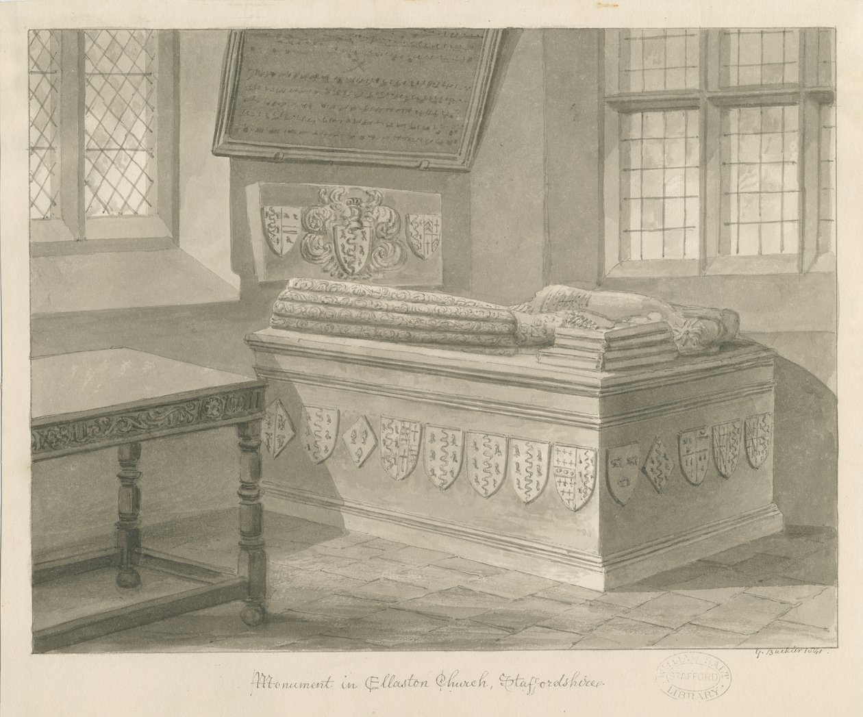 Chiesa di Ellastone - Monumento a Sir John Fleetwood: disegno a seppia, 1841 da George Buckler