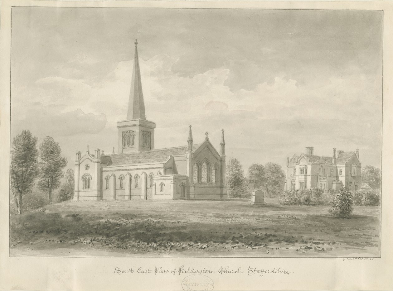 Hilderstone Church: disegno a seppia, 1841 da George Buckler