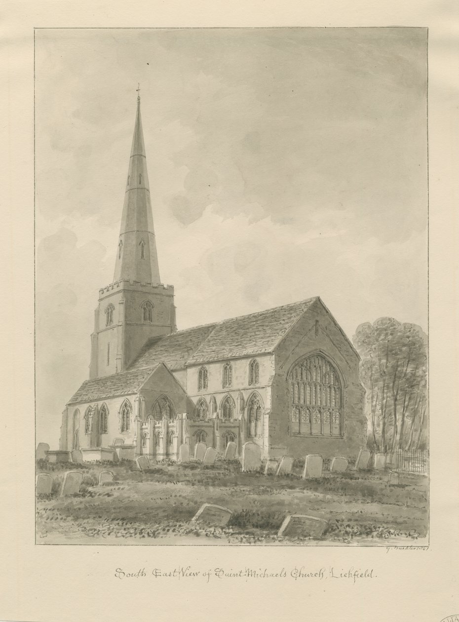 Lichfield - Chiesa di San Michele: disegno a seppia da George Buckler