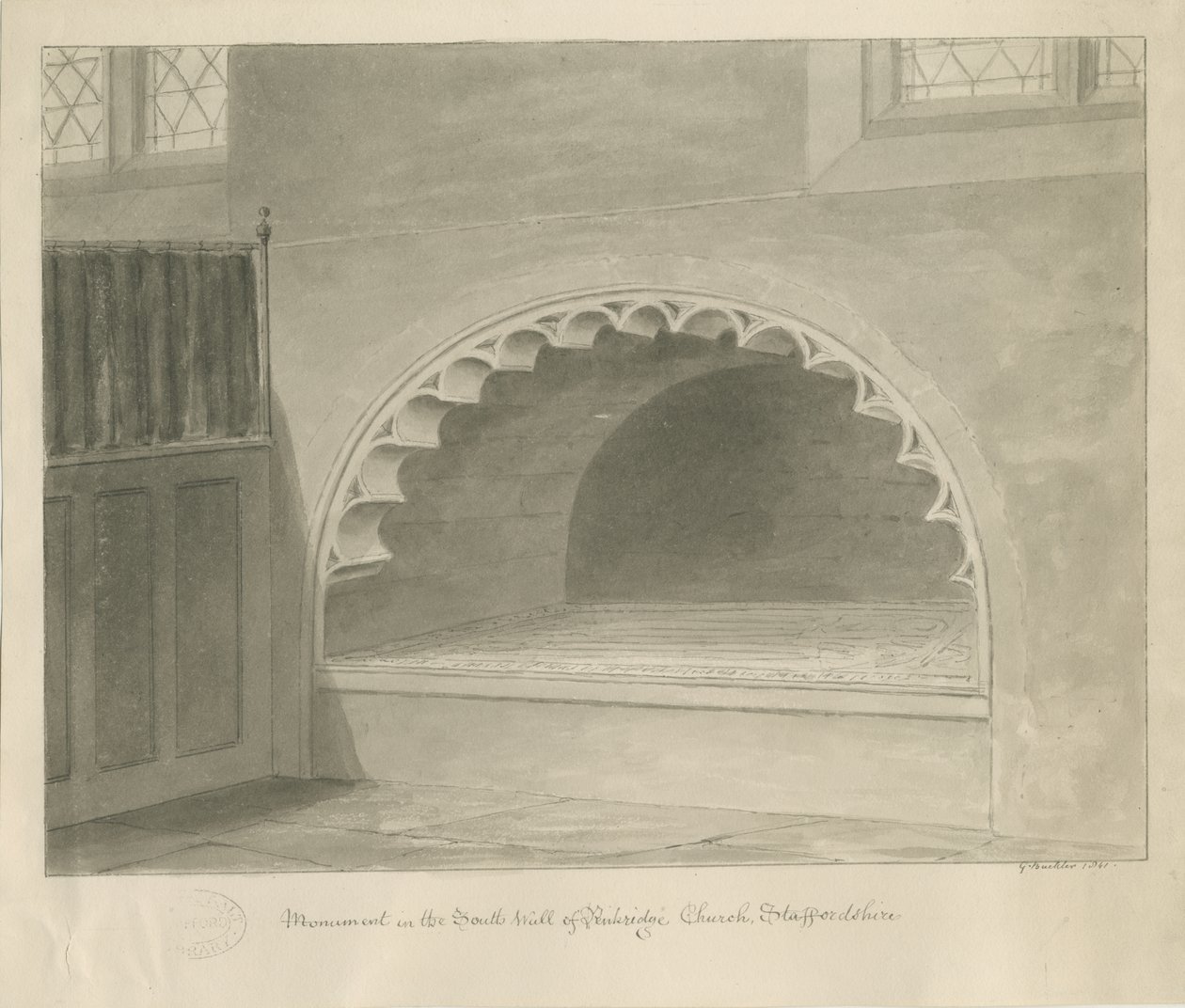 Chiesa di Penkridge - Monumento nel muro sud: disegno a seppia, 1841 da George Buckler