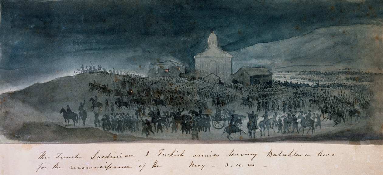 Gli eserciti francese, sardo e turco lasciano le linee di Balaklava per una ricognizione, circa 1854 da George Cadogan