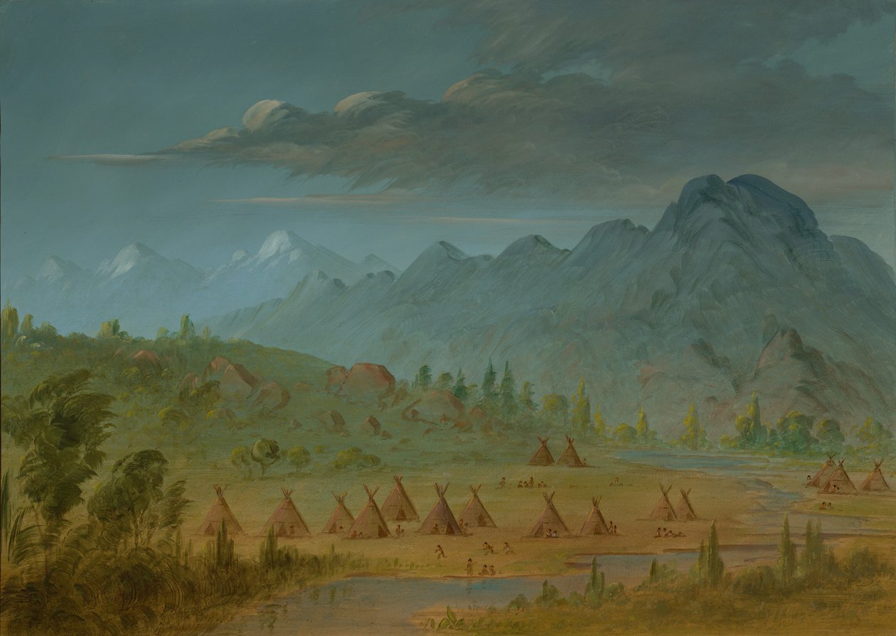 Un Villaggio dei Corvi e le Montagne del Fiume Salmon, 1855-1869 da George Catlin