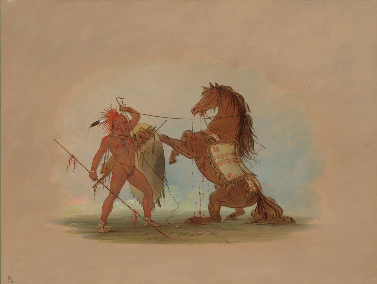Un guerriero Pawnee che sacrifica il suo cavallo preferito da George Catlin