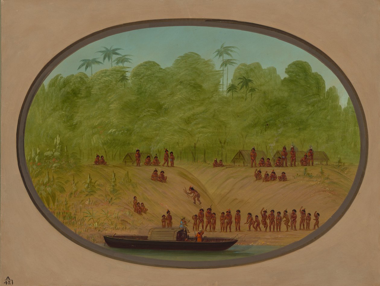 Un villaggio Omagua - Schizzo di una barca, 1854-1869 da George Catlin