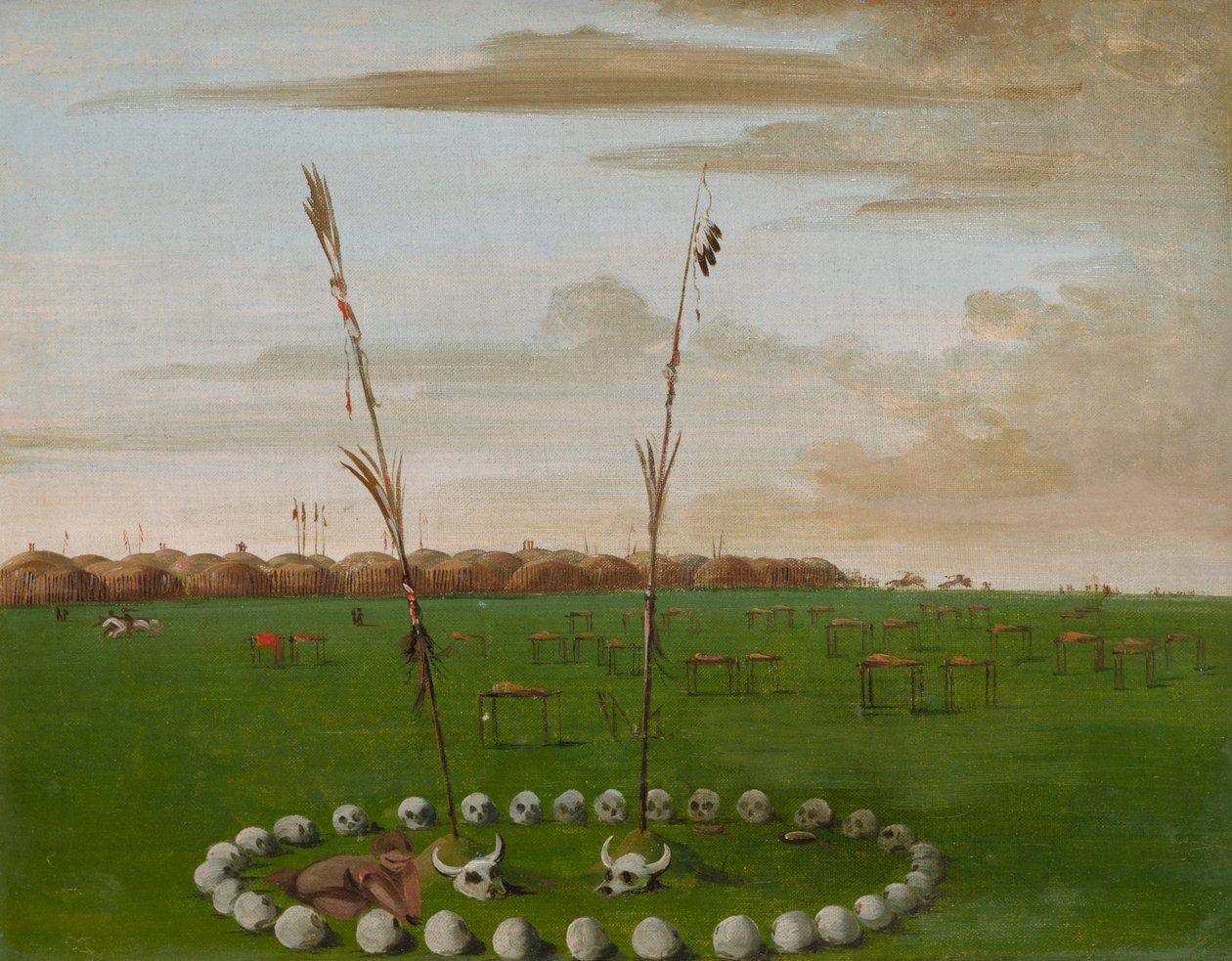 Vista posteriore del villaggio Mandan, mostrando il cimitero, 1832 da George Catlin