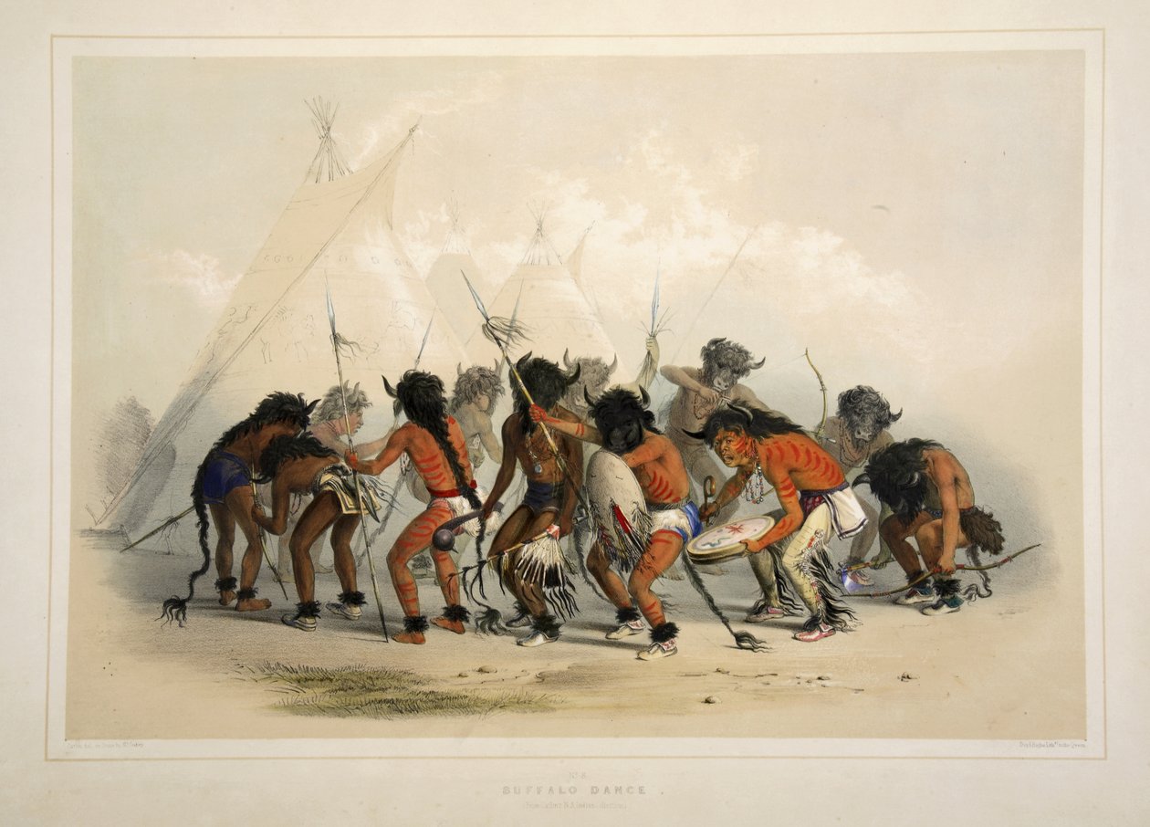 Danza del bufalo, da Catlins North American Indian Portfolio. Hunting Scenes and Amusements of the Rocky Mountains and Prairies of America, pub. 1845 da George Catlin