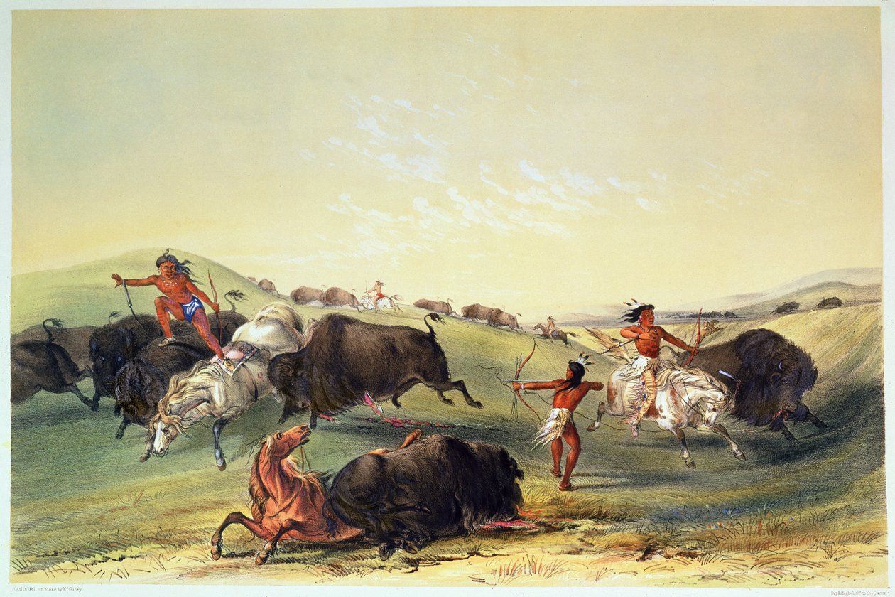 Caccia al bufalo, tavola 7 dalla collezione di indiani nordamericani di Catlin, inciso da McGahey, Day e Haghe da George Catlin