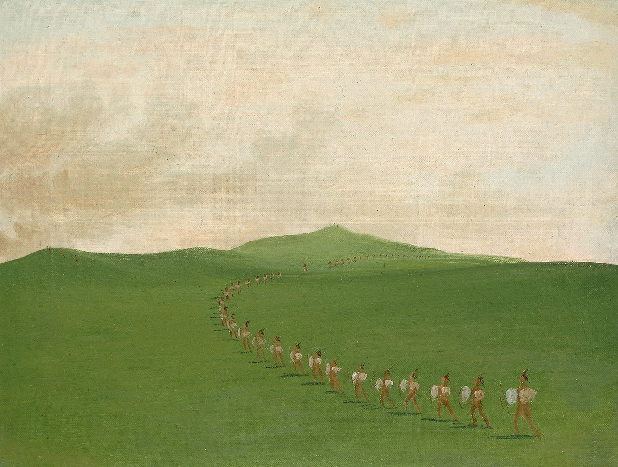 Festa della guerra a piedi in marcia, Alto Missouri da George Catlin