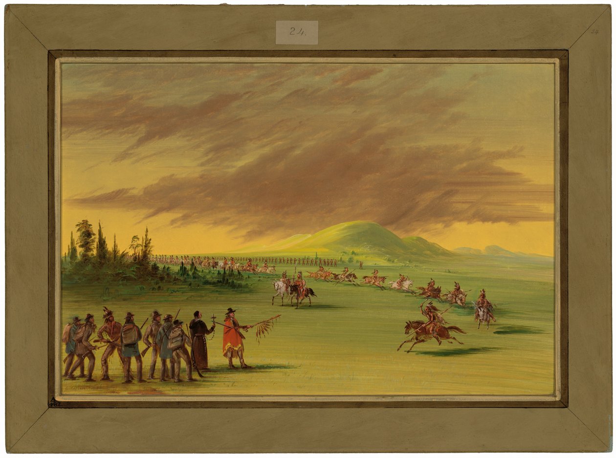 La Salle incontra un gruppo di indiani Cenis in missione bellica in una prateria del Texas. 25 aprile 1686 da George Catlin