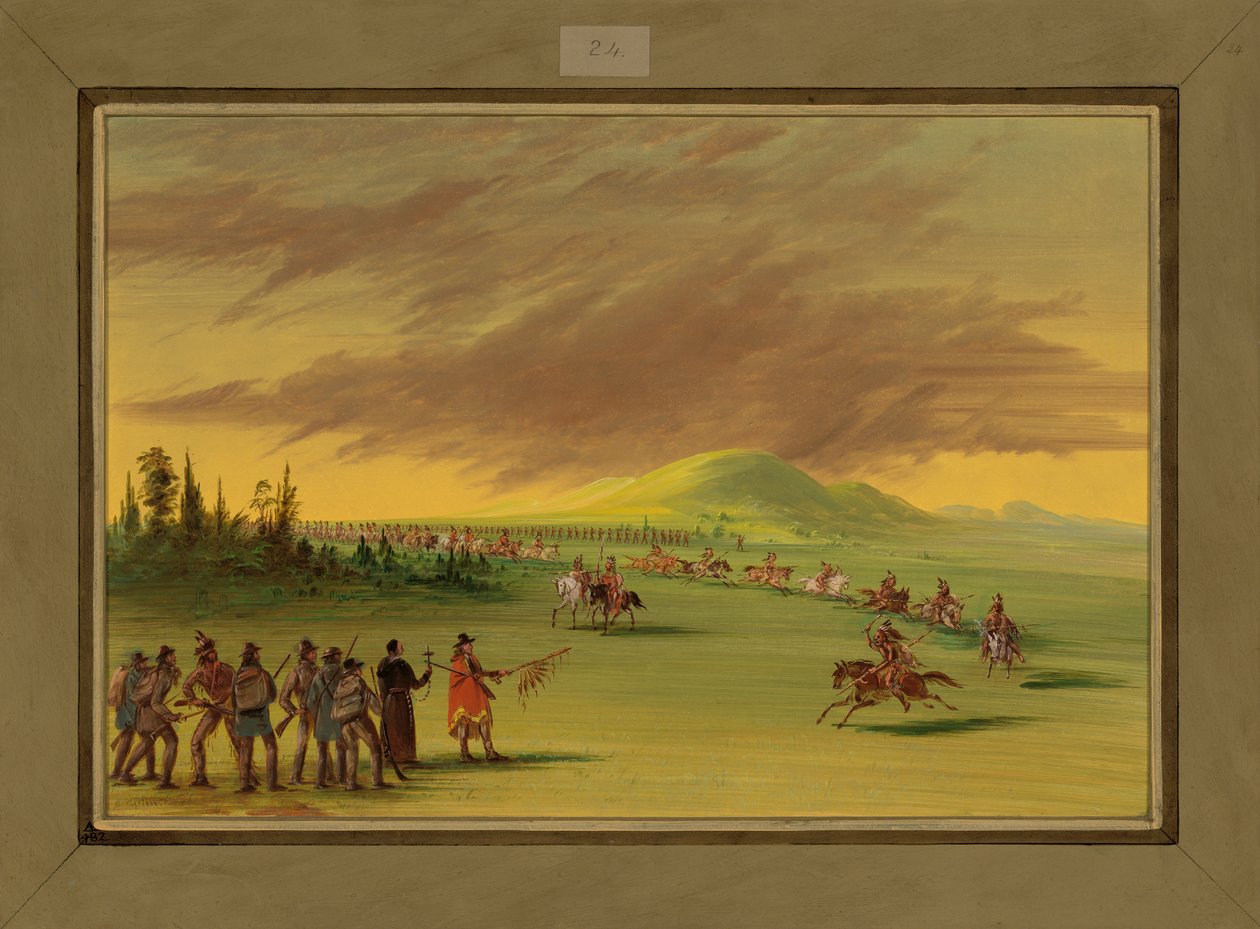 La Salle incontra un gruppo di guerra di indiani Cenis in una prateria del Texas, 25 aprile 1686 da George Catlin