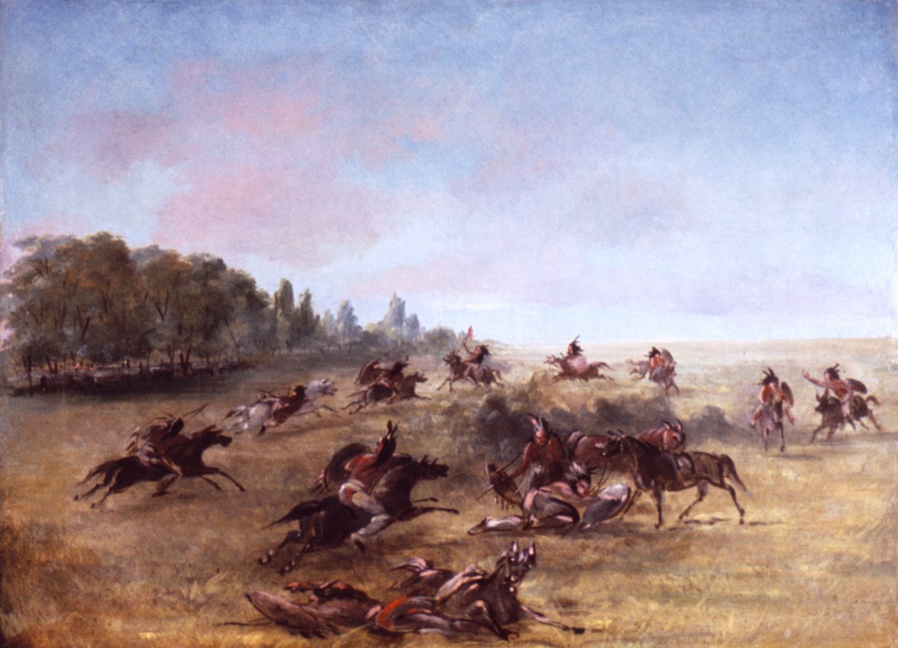 Un gruppo di guerrieri a cavallo perlustra una boscaglia da George Catlin