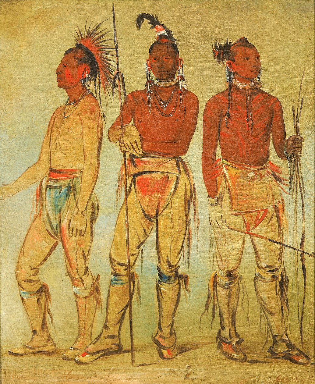Mun-ne-pús-kee, Colui che non ha paura; Ko-ha-túnk-a, Grande Corvo; e Nah-cóm-ee-shee, Uomo del Letto, Tre Giovani Guerrieri da George Catlin
