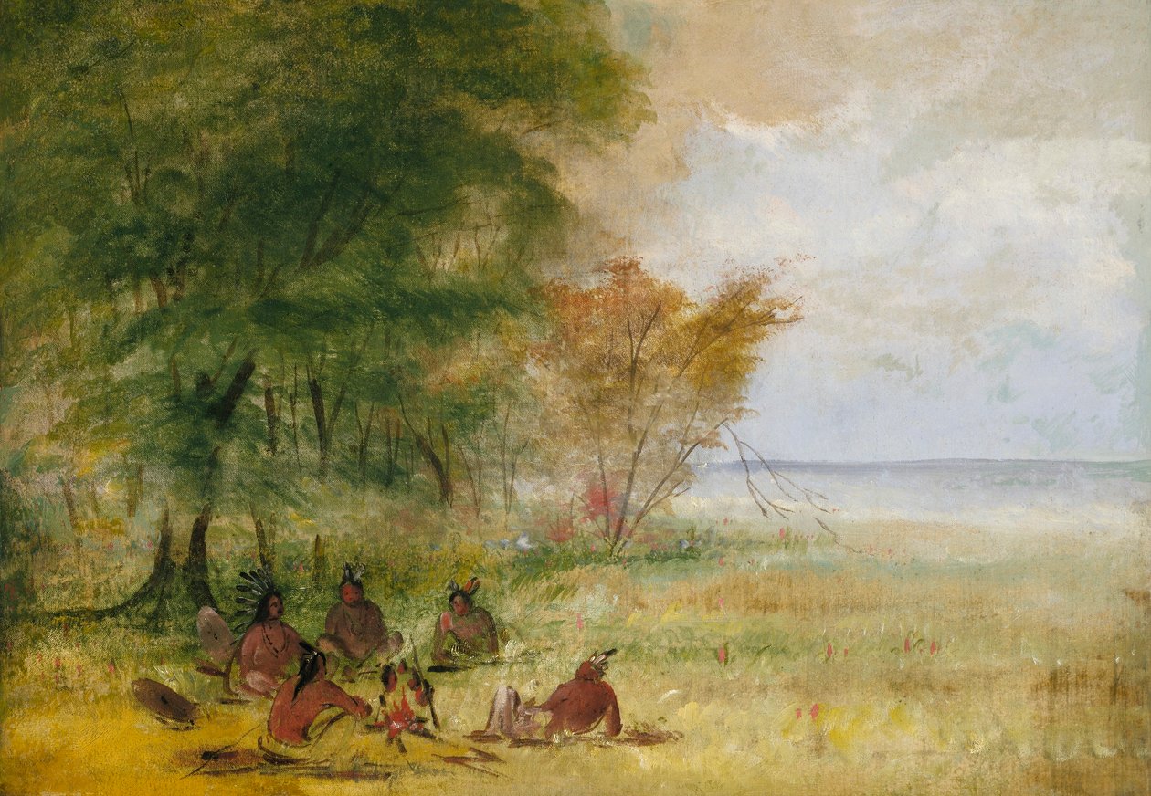 Il Consiglio indiano Sioux, i capi in una profonda deliberazione da George Catlin