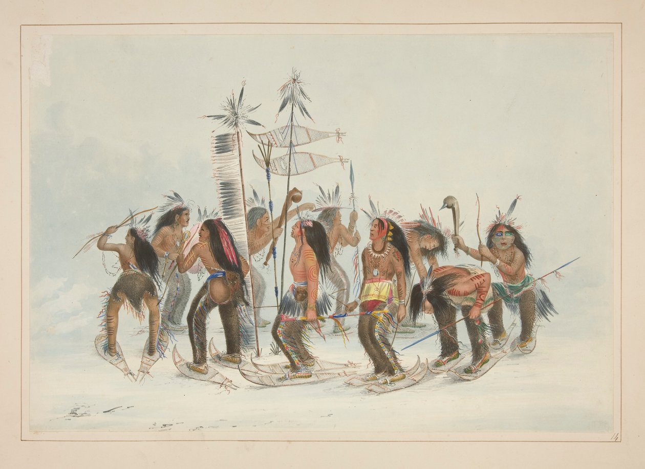 La danza con le racchette da neve, tav. 14 dal Portfolio degli Indiani del Nord America da George Catlin