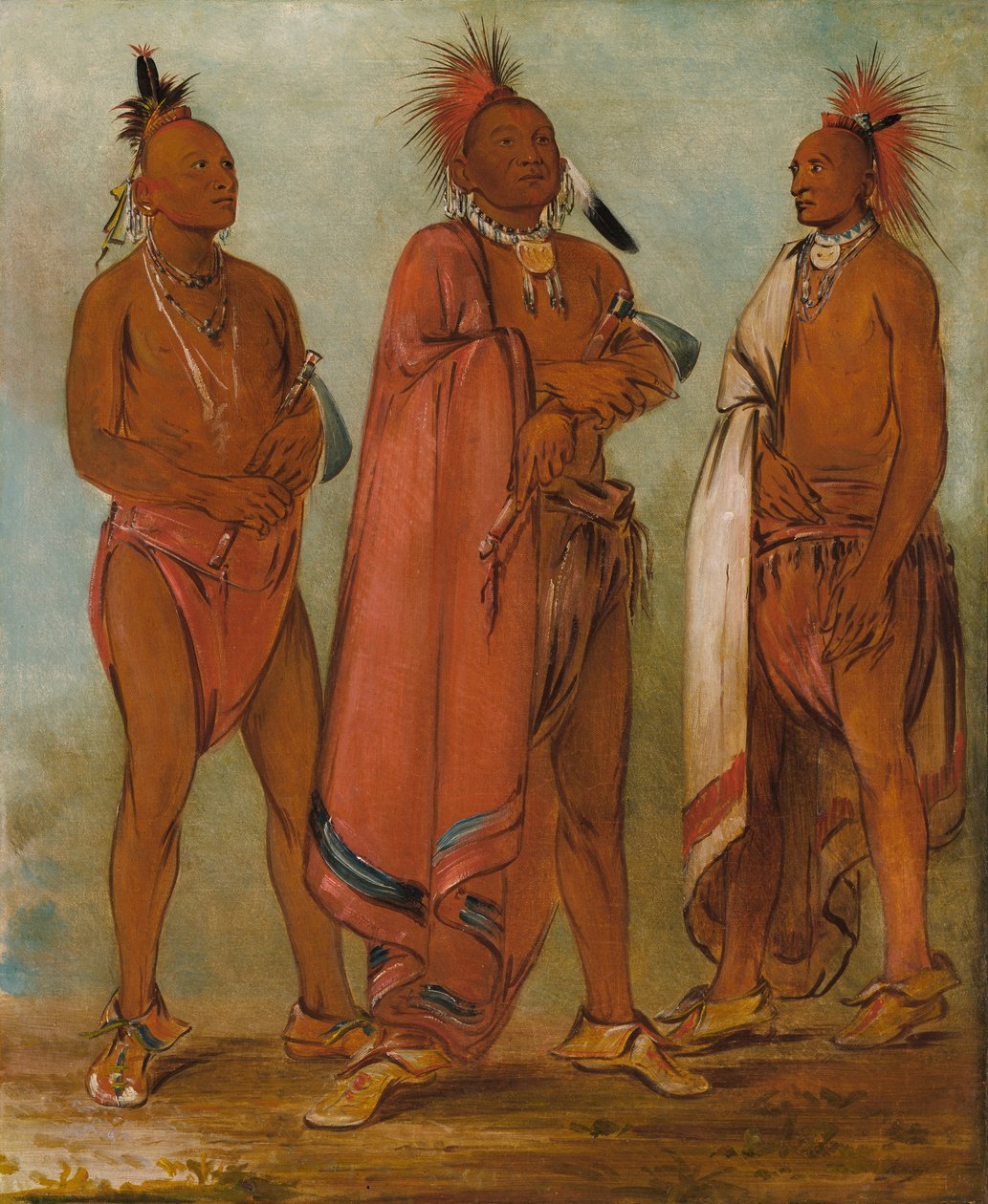 Wa-másh-ee-sheek, Colui che porta via; Wa-chésh-uk, Guerra; Mink-chésk, Tre giovani illustri. da George Catlin