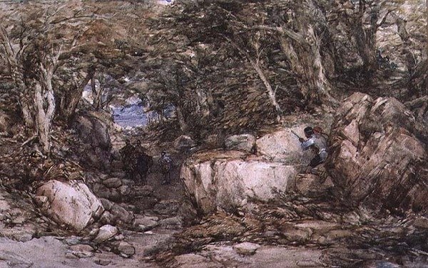 Valle Boscosa con Viaggiatori che si Avvicinano a un