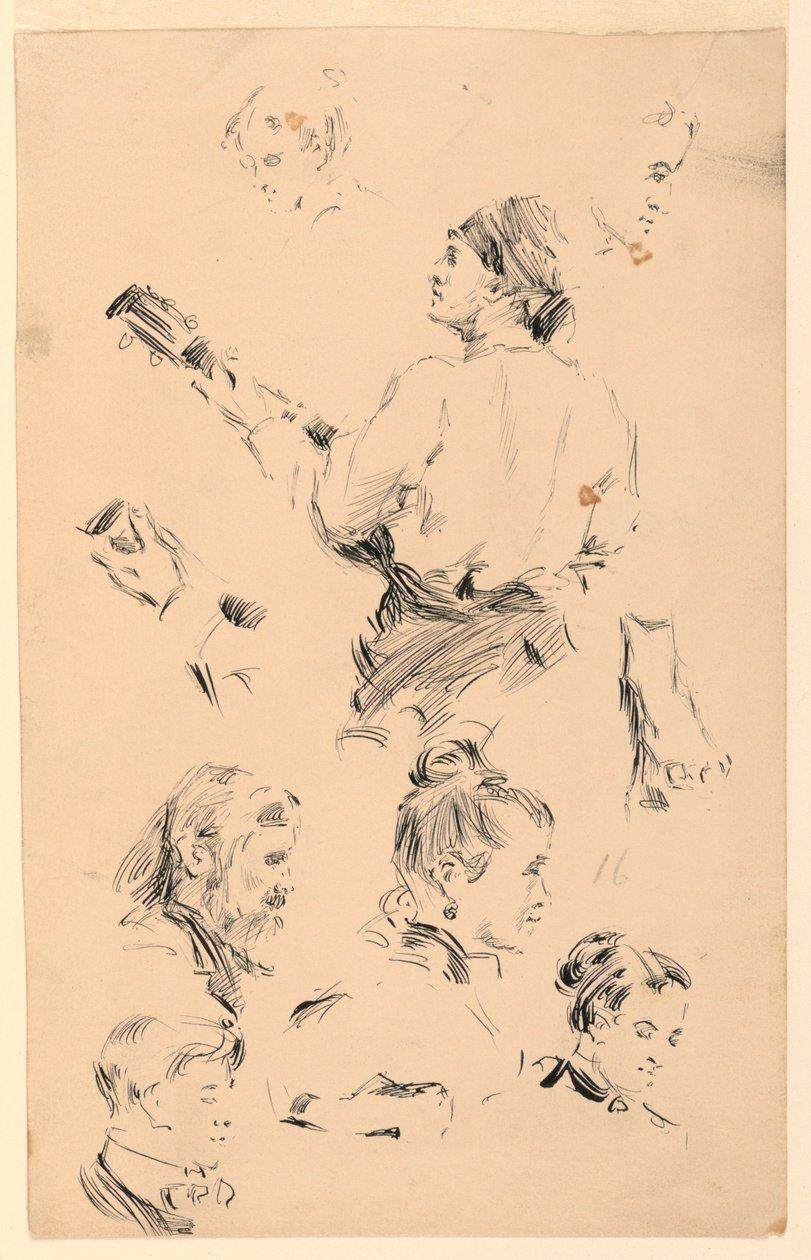 Schizzi di teste, una mano, un piede e un musicista da George Charles Aid