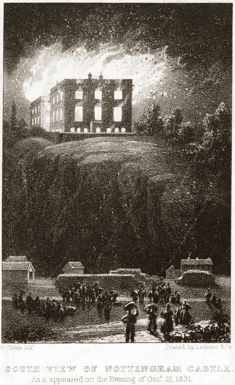 Il castello di Nottingham in fiamme, visto da sud da George Childs