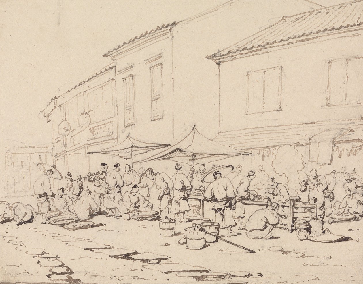 Una piazza del mercato e folla da George Chinnery