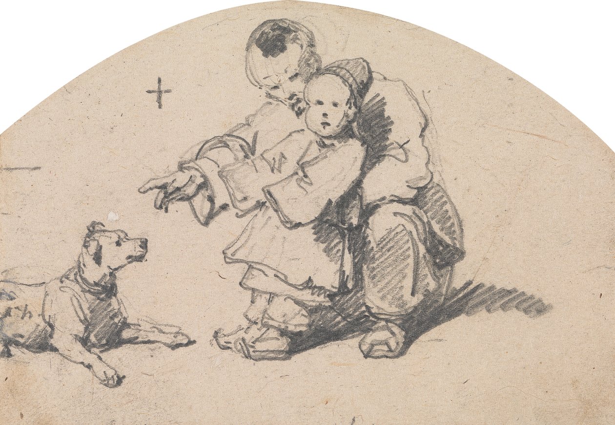 Padre cinese e bambino con cane da George Chinnery