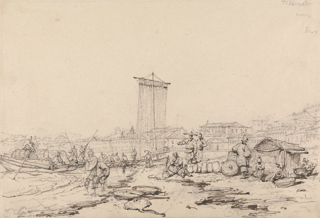 Scena Costiera con Pescatori e Edifici, Macao da George Chinnery