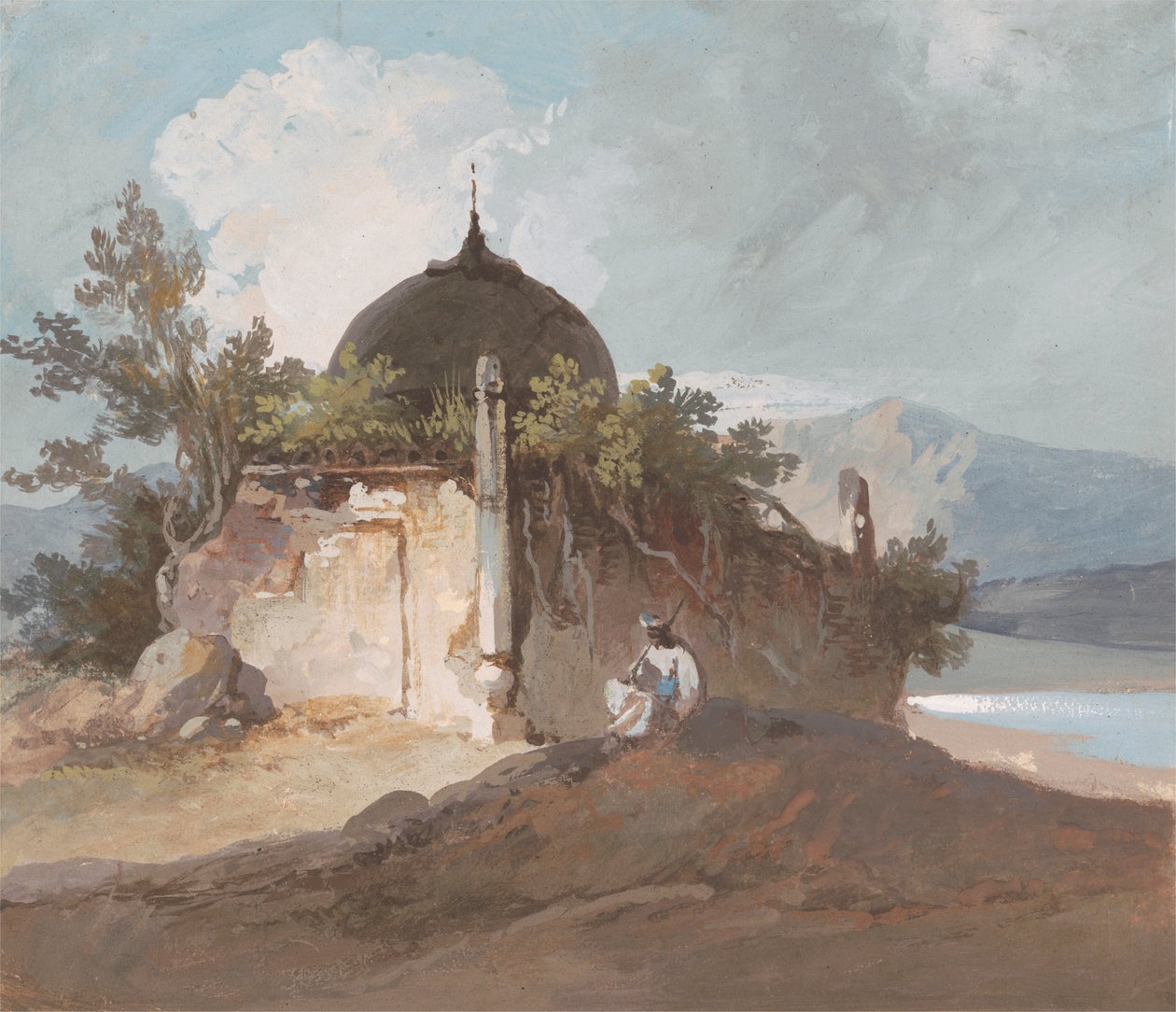 Figura Seduta vicino a un Tempio Indiano da George Chinnery