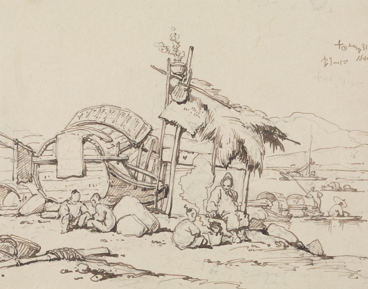 Vecchio e bambini seduti, che cucinano da George Chinnery