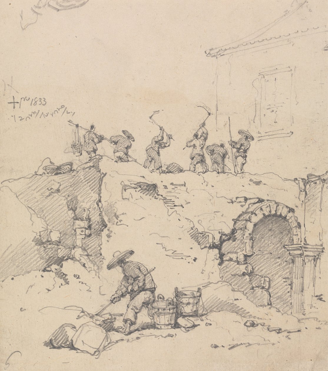 Operai che demoliscono un edificio da George Chinnery
