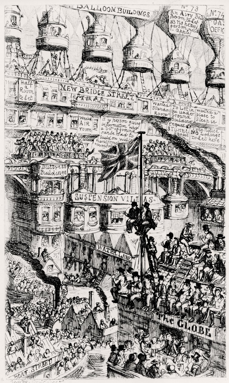 Una visione malthusiana di una Londra sovraffollata, Inghilterra, del futuro, dopo gli scritti di Thomas Malthus da George Cruikshank
